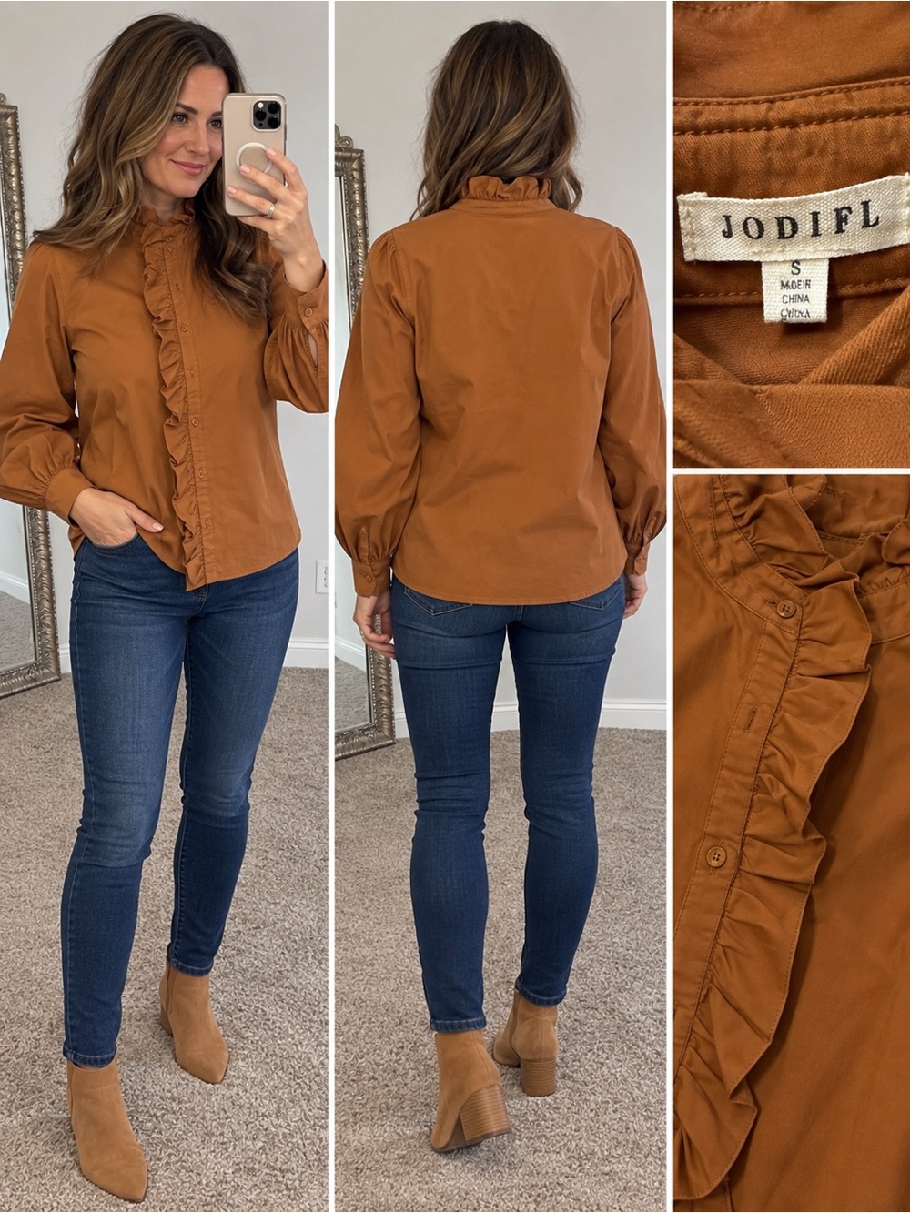 JODIFL Ruffle-Front Blouse in Rust Orange - Picture 2 of 3